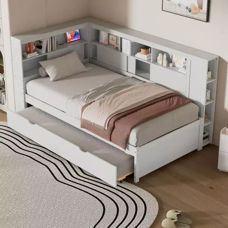 Divano letto singolo in legno con mensole portaoggetti e letto estraibile