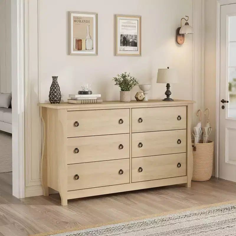 Comò a 6 cassetti per camera da letto, Comò largo 120 cm con cassetti per riporre oggetti, Comò in legno autoportante per soggiorno