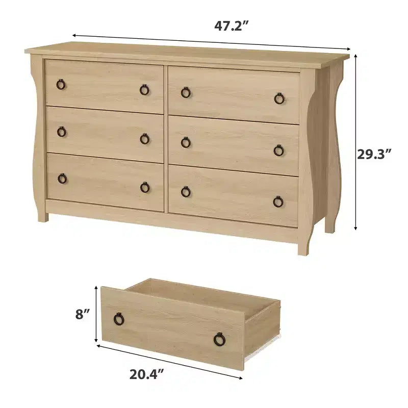 Comò a 6 cassetti per camera da letto, Comò largo 120 cm con cassetti per riporre oggetti, Comò in legno autoportante per soggiorno