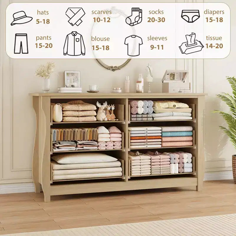 Comò a 6 cassetti per camera da letto, Comò largo 120 cm con cassetti per riporre oggetti, Comò in legno autoportante per soggiorno