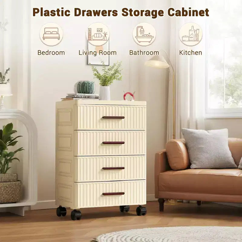 Cassettiera in plastica a 5 ripiani con ruote, Cassettiera alta, Contenitori estraibili per camera da letto, soggiorno, ingresso, corridoio