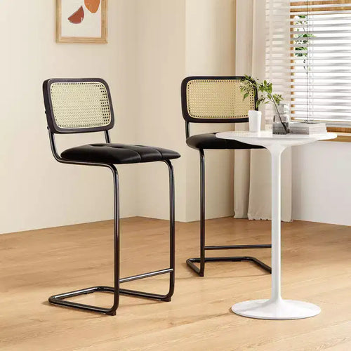 PexFix 2Pcs Counter Height Bar Stools Upholstered PU Leather Barstools with Rattan Back 30 inch Stools Armless Bar Chairs for Kitchen Island Black
