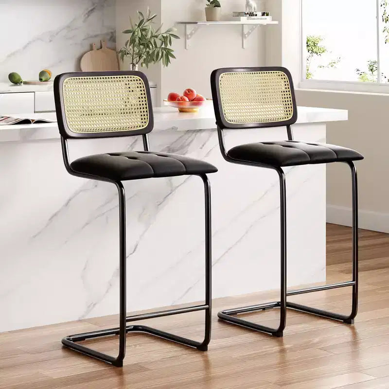 2 sgabelli da bar ad altezza bancone, imbottiti in pelle PU, con schienale in rattan, da 30 pollici, senza braccioli, per isola cucina, colore nero