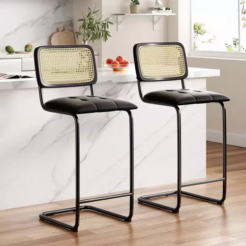 2 sgabelli da bar ad altezza bancone, imbottiti in pelle PU, con schienale in rattan, da 30 pollici, senza braccioli, per isola cucina, colore nero