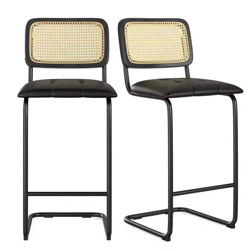 2 sgabelli da bar ad altezza bancone, imbottiti in pelle PU, con schienale in rattan, da 30 pollici, senza braccioli, per isola cucina, colore nero