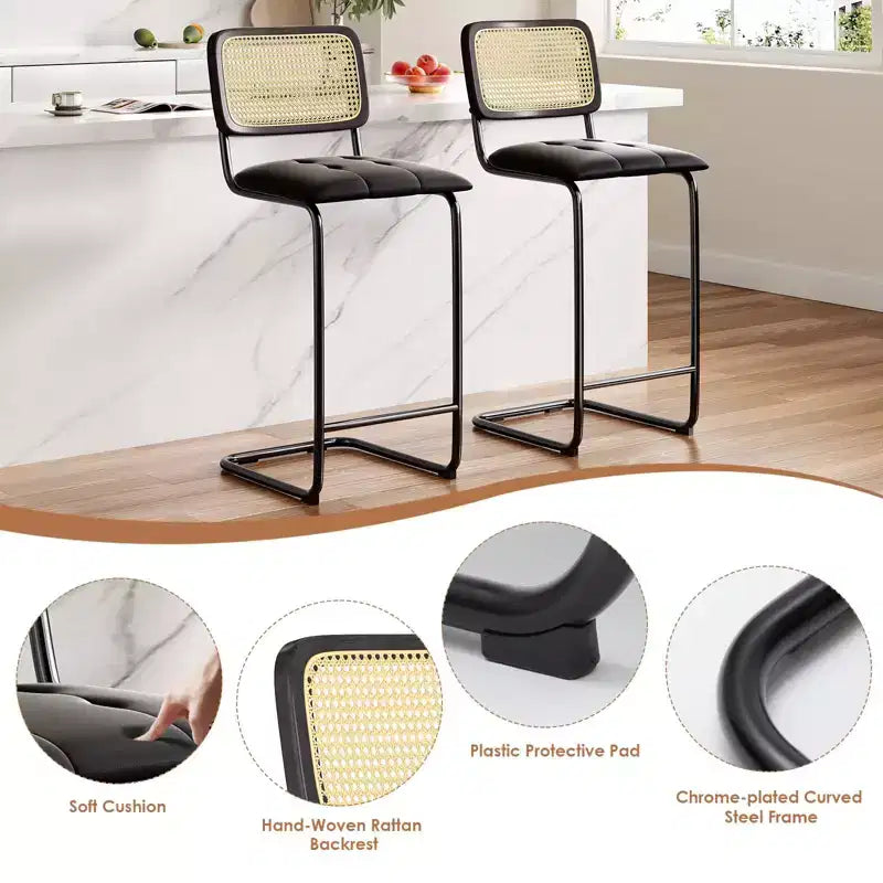 2 sgabelli da bar ad altezza bancone, imbottiti in pelle PU, con schienale in rattan, da 30 pollici, senza braccioli, per isola cucina, colore nero
