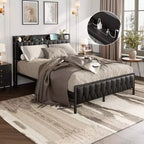Bed Frame with PU Leather Headboard & Charging Station, All-Metal Platform Storage Bed, Noise-Free, No Box Spring Needed, Black