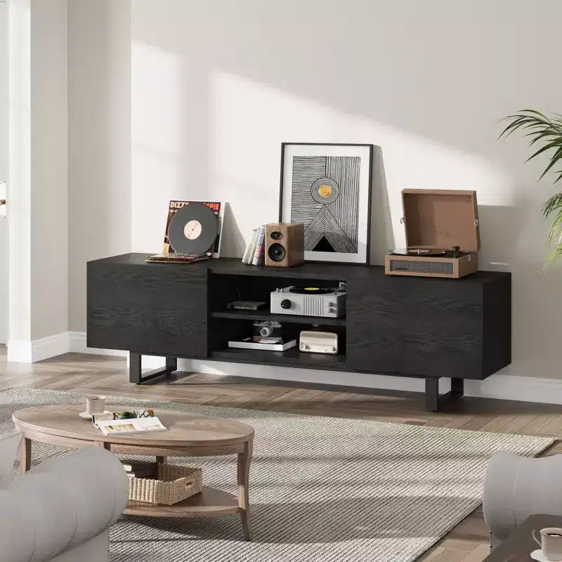 Mobile TV Industriale per 80 Pollici, Centro Intrattenimento Moderno con 2 Cassetti, Mobile Media in Legno con Gambe Robuste per Soggiorno, Nero