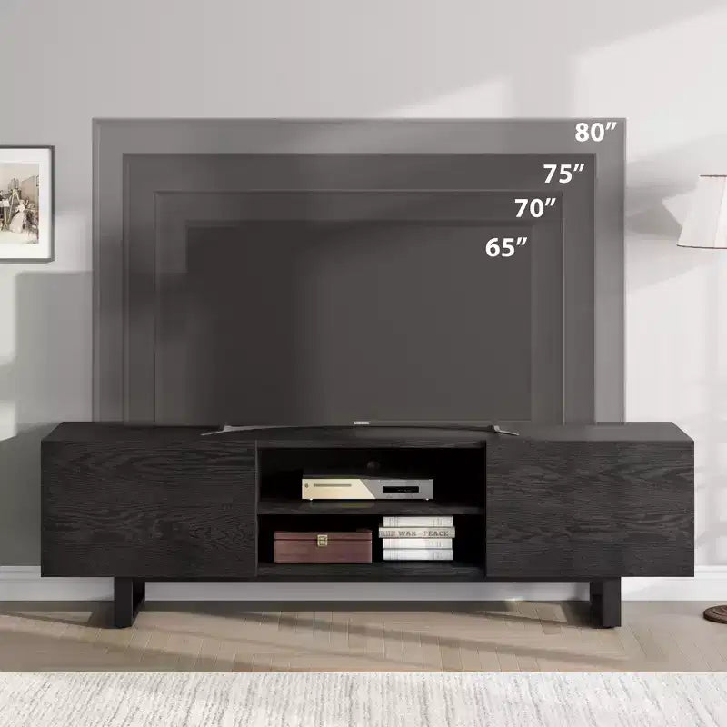Mobile TV Industriale per 80 Pollici, Centro Intrattenimento Moderno con 2 Cassetti, Mobile Media in Legno con Gambe Robuste per Soggiorno, Nero
