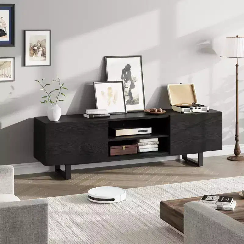 Mobile TV Industriale per 80 Pollici, Centro Intrattenimento Moderno con 2 Cassetti, Mobile Media in Legno con Gambe Robuste per Soggiorno, Nero