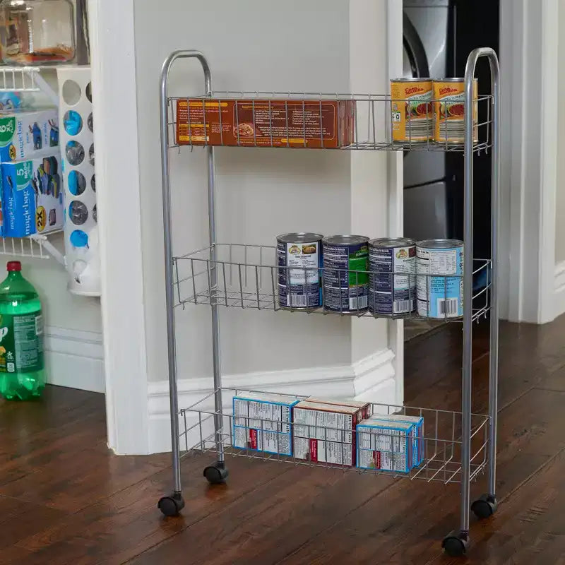 Carrello portatutto sottile, carrello portaoggetti a 3 ripiani con ruote, argento