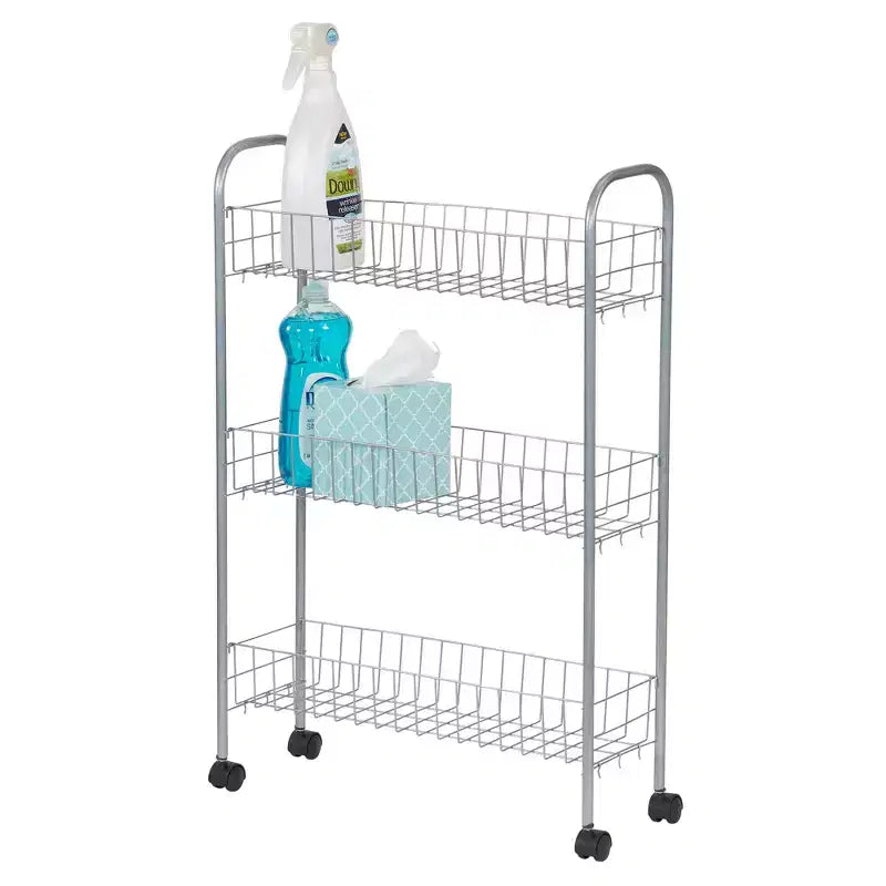 Carrello portatutto sottile, carrello portaoggetti a 3 ripiani con ruote, argento