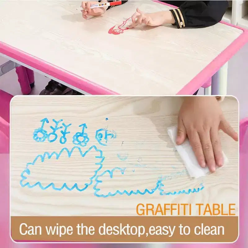 Tavolo per Bambini Regolabile in Altezza da 47 Pollici e Set di 6 Sedie con Gambe Antiscivolo e Organizer, Scrivania con Graffiti