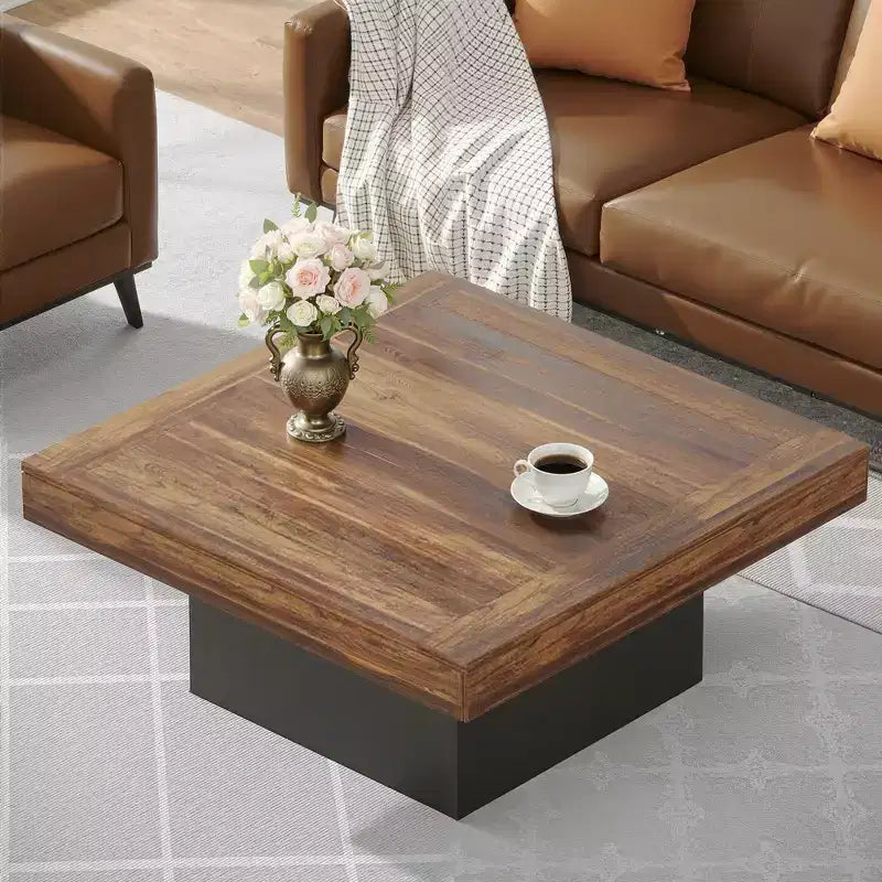 Tavolino da caffè quadrato a LED da 90 cm, Tavolo da salotto rustico industriale con luce regolabile