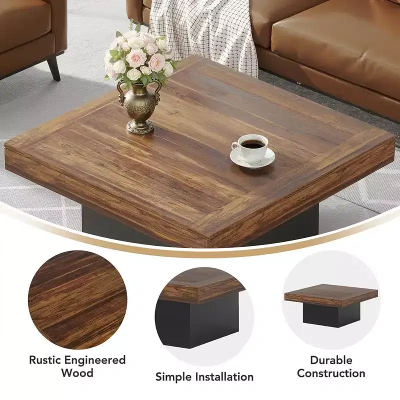 Tavolino da caffè quadrato a LED da 90 cm, Tavolo da salotto rustico industriale con luce regolabile