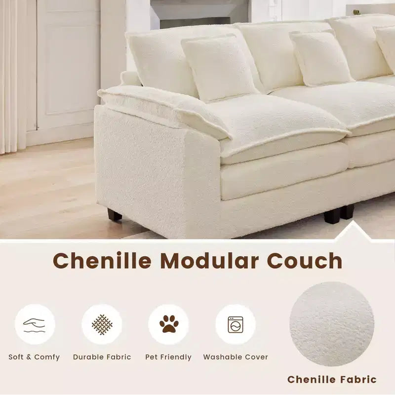 Divano Sezionale a 5 posti in Tessuto Chenille da 269 cm con 2 Pouf