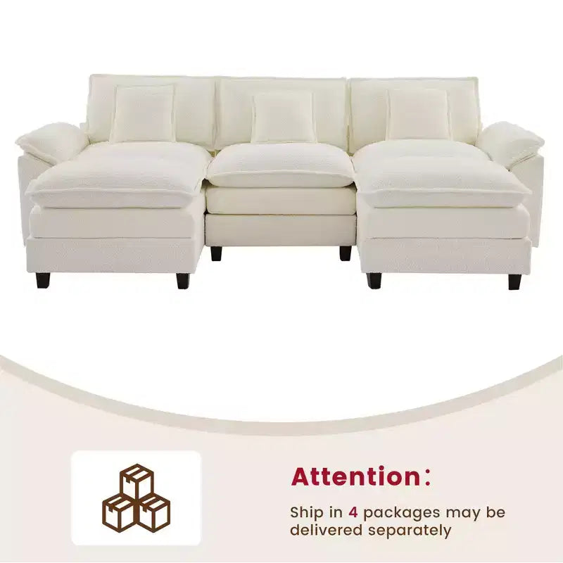 Divano Sezionale a 5 posti in Tessuto Chenille da 269 cm con 2 Pouf