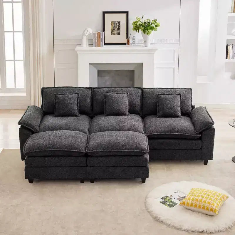 Divano Sezionale a 5 posti in Tessuto Chenille da 269 cm con 2 Pouf