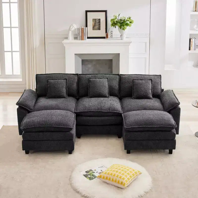 Divano Sezionale a 5 posti in Tessuto Chenille da 269 cm con 2 Pouf