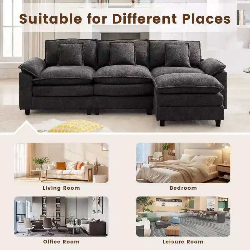 Divano Sezionale a 5 posti in Tessuto Chenille da 269 cm con 2 Pouf