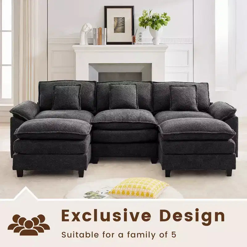 Divano Sezionale a 5 posti in Tessuto Chenille da 269 cm con 2 Pouf