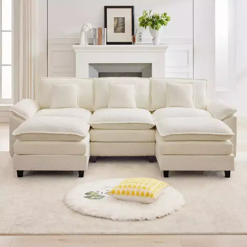 Divano Sezionale a 5 posti in Tessuto Chenille da 269 cm con 2 Pouf