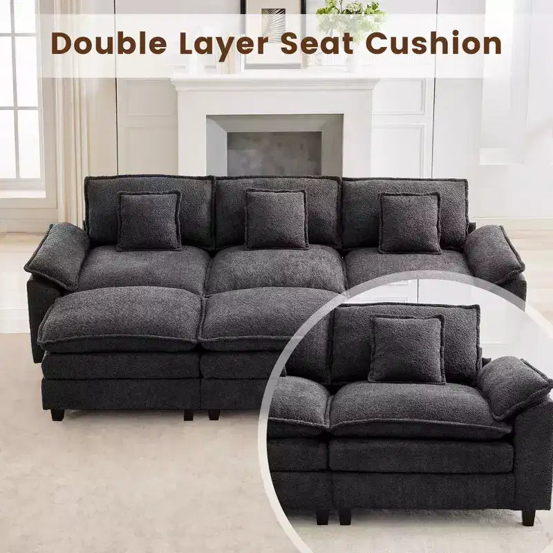 Divano Sezionale a 5 posti in Tessuto Chenille da 269 cm con 2 Pouf