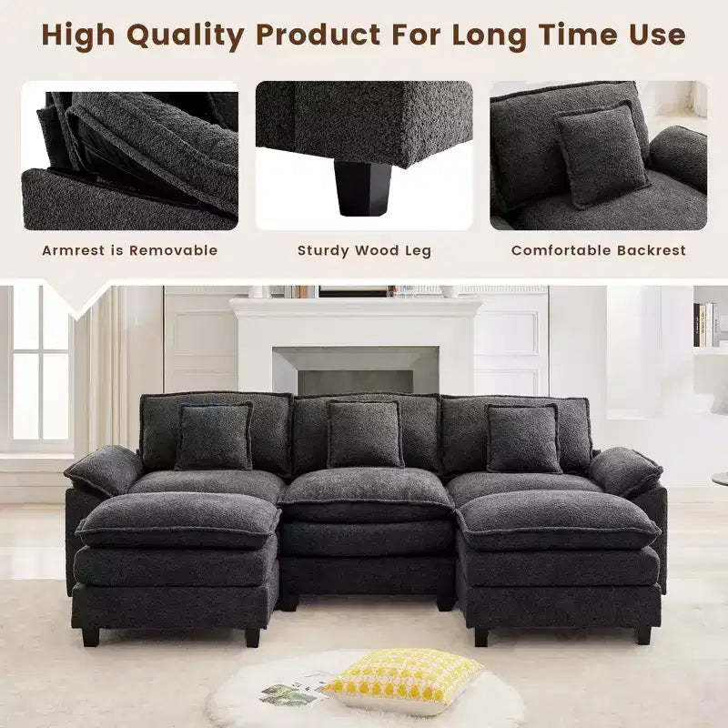 Divano Sezionale a 5 posti in Tessuto Chenille da 269 cm con 2 Pouf