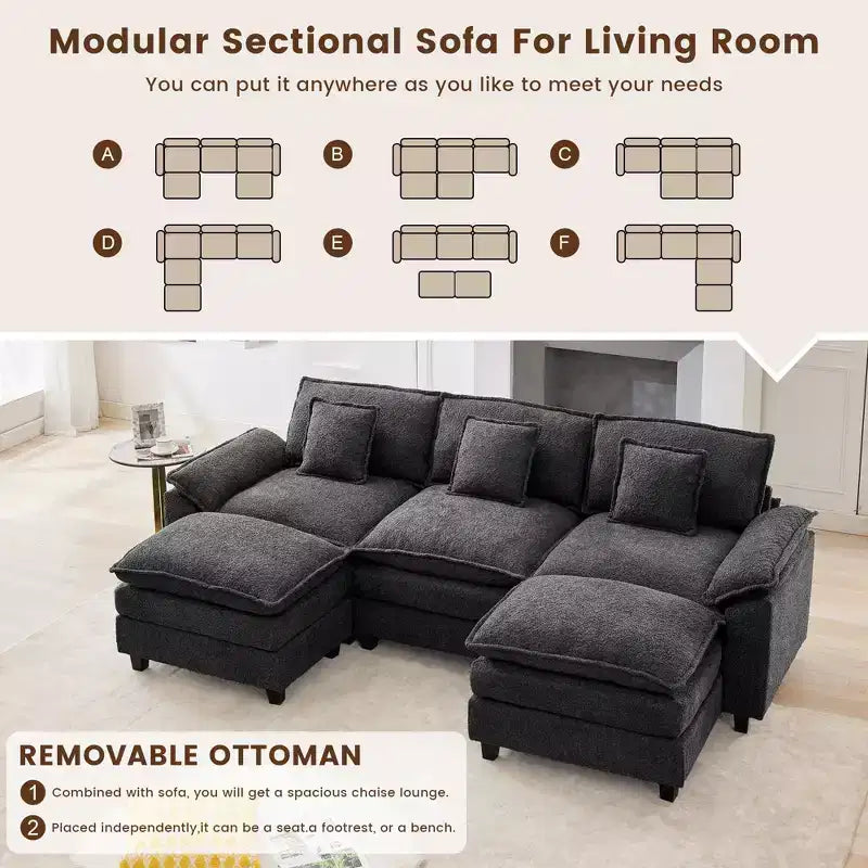 Divano Sezionale a 5 posti in Tessuto Chenille da 269 cm con 2 Pouf