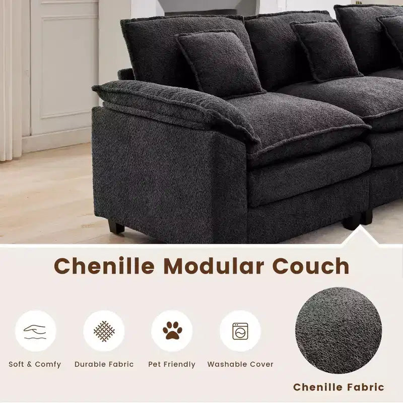 Divano Sezionale a 5 posti in Tessuto Chenille da 269 cm con 2 Pouf