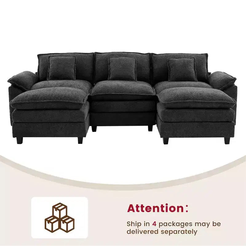 Divano Sezionale a 5 posti in Tessuto Chenille da 269 cm con 2 Pouf