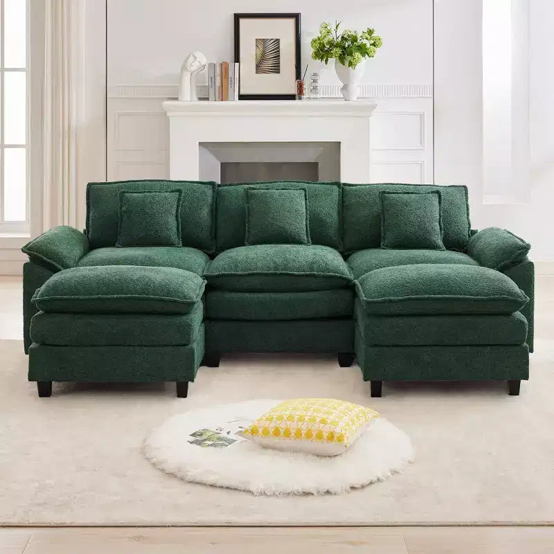 Divano Sezionale a 5 posti in Tessuto Chenille da 269 cm con 2 Pouf