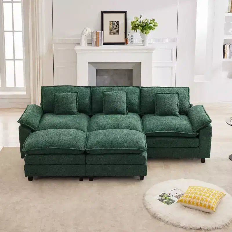 Divano Sezionale a 5 posti in Tessuto Chenille da 269 cm con 2 Pouf