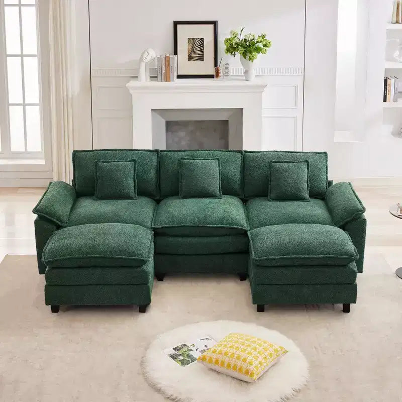 Divano Sezionale a 5 posti in Tessuto Chenille da 269 cm con 2 Pouf