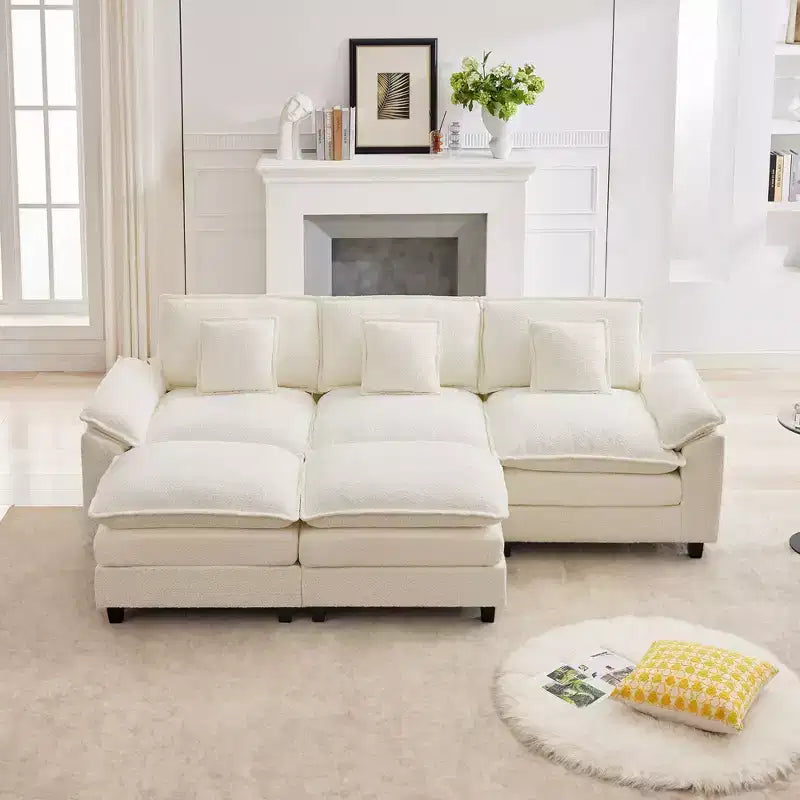 Divano Sezionale a 5 posti in Tessuto Chenille da 269 cm con 2 Pouf