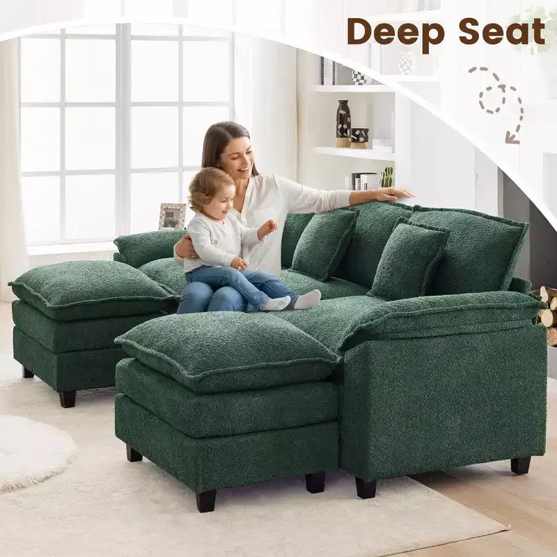 Divano Sezionale a 5 posti in Tessuto Chenille da 269 cm con 2 Pouf