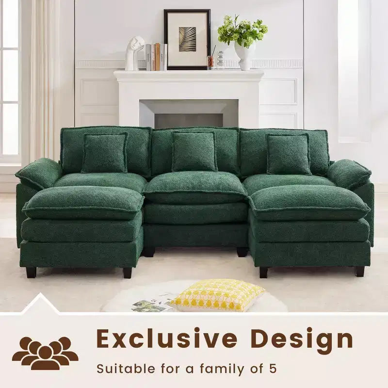 Divano Sezionale a 5 posti in Tessuto Chenille da 269 cm con 2 Pouf