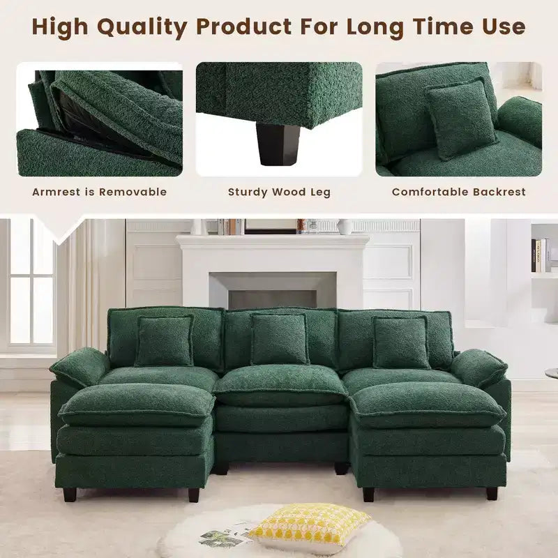 Divano Sezionale a 5 posti in Tessuto Chenille da 269 cm con 2 Pouf