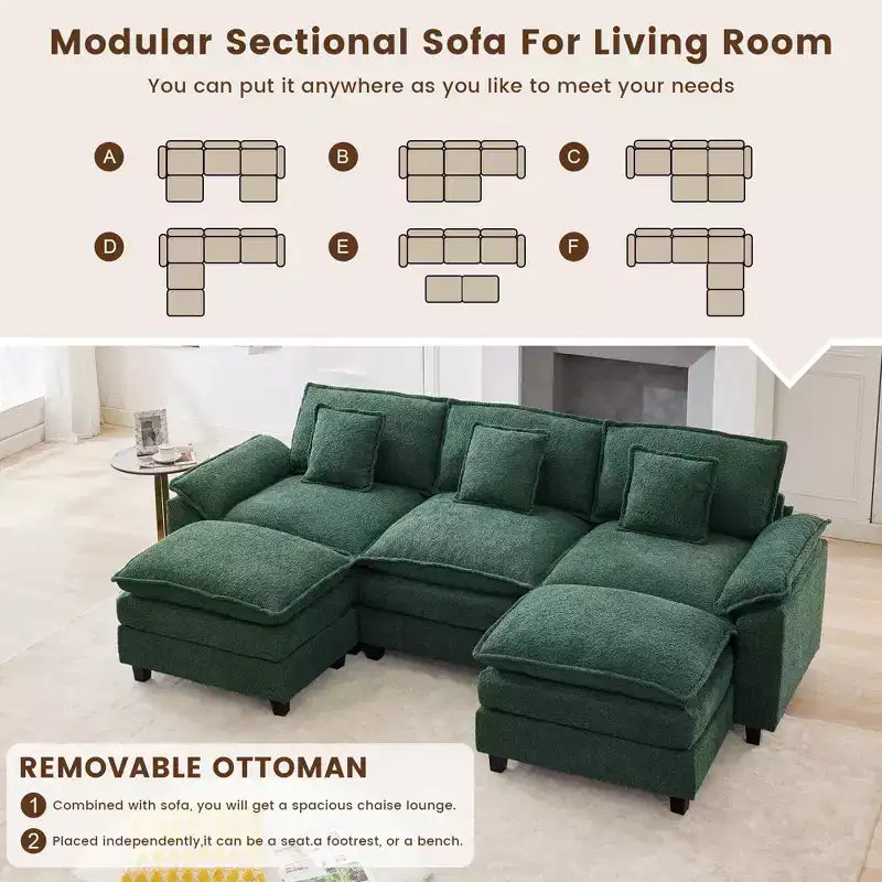 Divano Sezionale a 5 posti in Tessuto Chenille da 269 cm con 2 Pouf