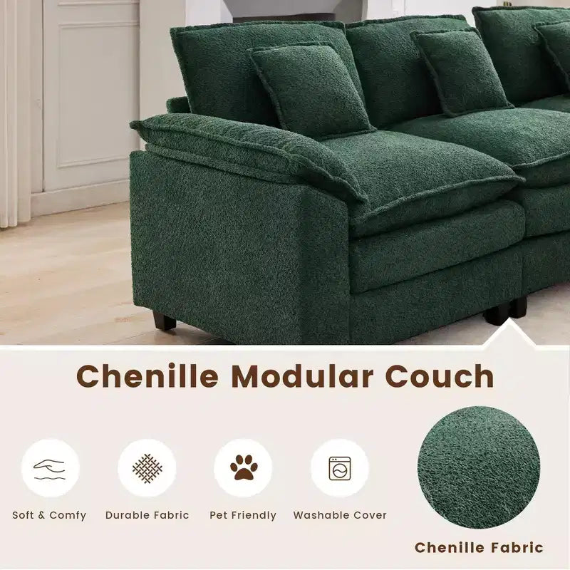 Divano Sezionale a 5 posti in Tessuto Chenille da 269 cm con 2 Pouf