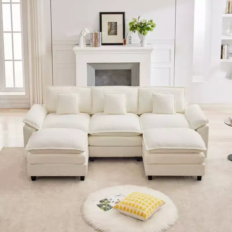 Divano Sezionale a 5 posti in Tessuto Chenille da 269 cm con 2 Pouf