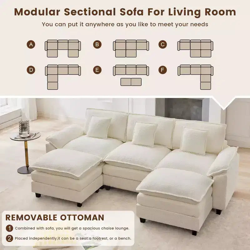 Divano Sezionale a 5 posti in Tessuto Chenille da 269 cm con 2 Pouf