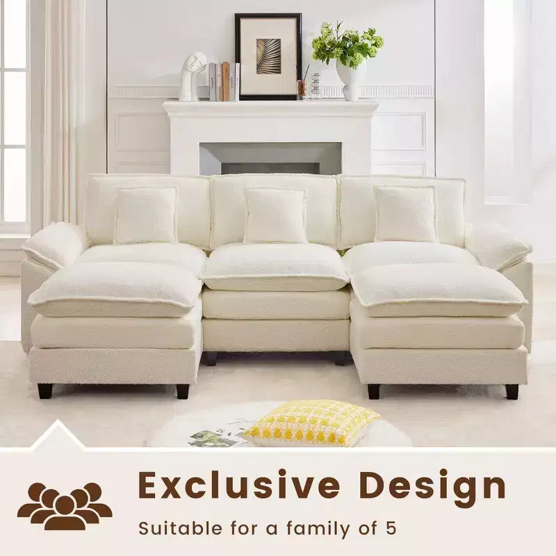 Divano Sezionale a 5 posti in Tessuto Chenille da 269 cm con 2 Pouf