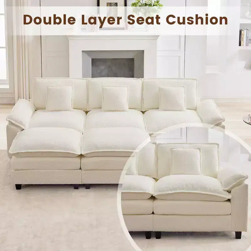 Divano Sezionale a 5 posti in Tessuto Chenille da 269 cm con 2 Pouf