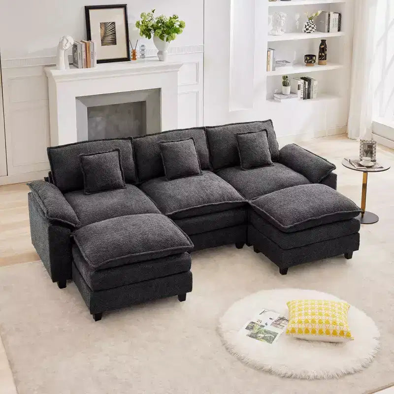 Divano Sezionale a 5 posti in Tessuto Chenille da 269 cm con 2 Pouf