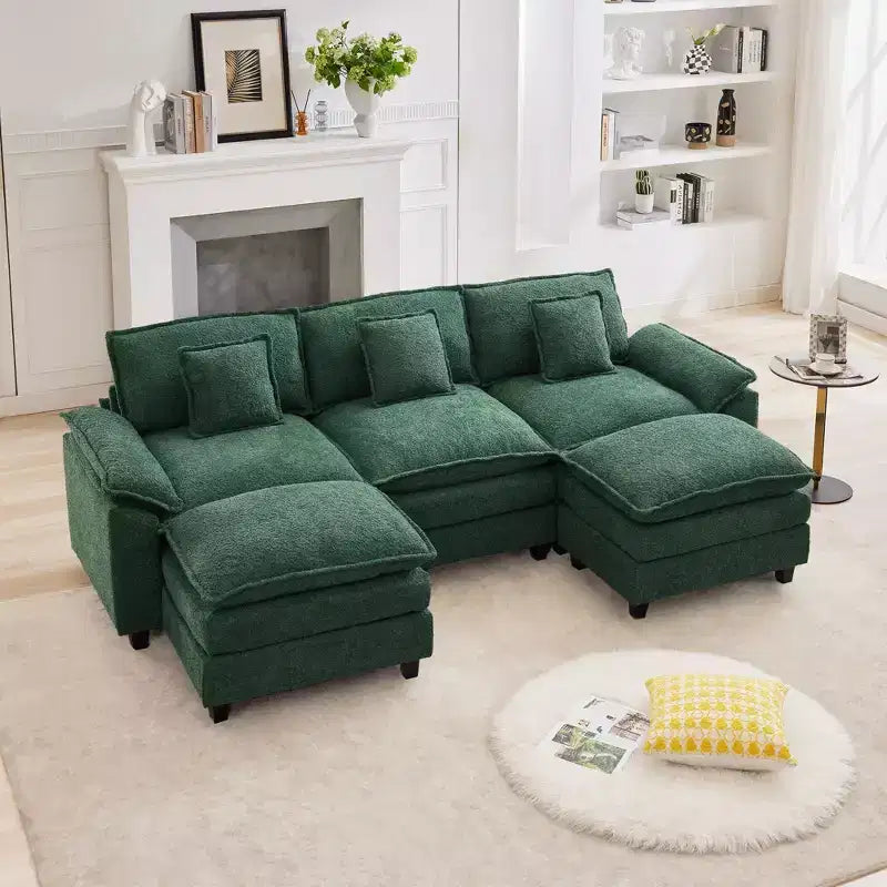 Divano Sezionale a 5 posti in Tessuto Chenille da 269 cm con 2 Pouf