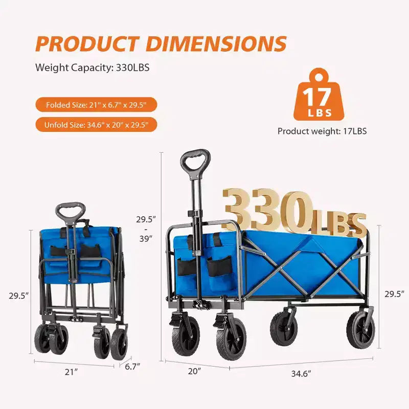 Carrello Pieghevole Retrattile con Ruote per Tutti i Terreni, Carrello Portatutto Resistente per Campeggio e Shopping, Capacità 150 kg (Grande-Blu)