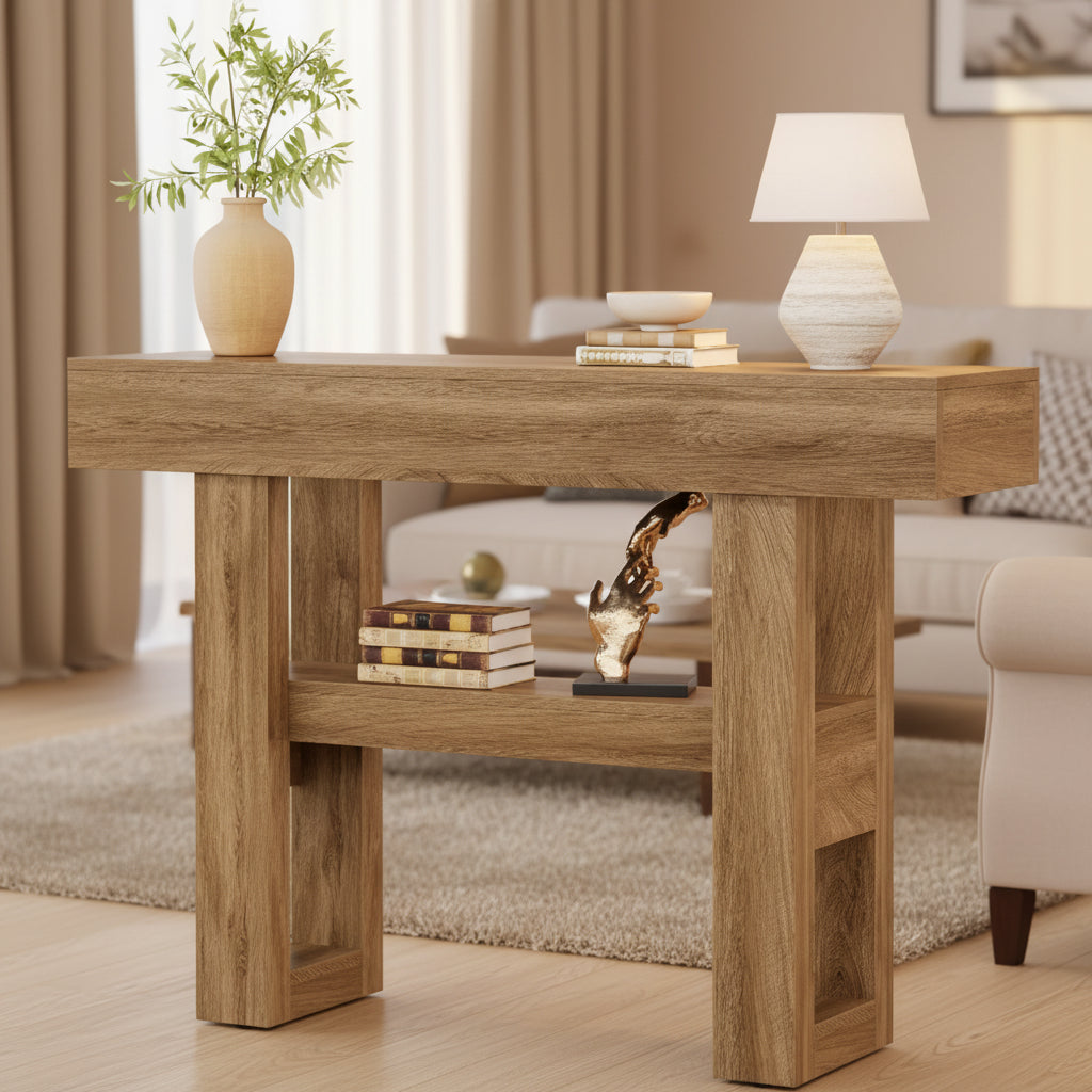 Lantine 41.34 Rustic Console Table with 2-Tier Storage, Narrow Light Brown Sofa Furniture for Foyer, Living Room, Entrance, Hallway.