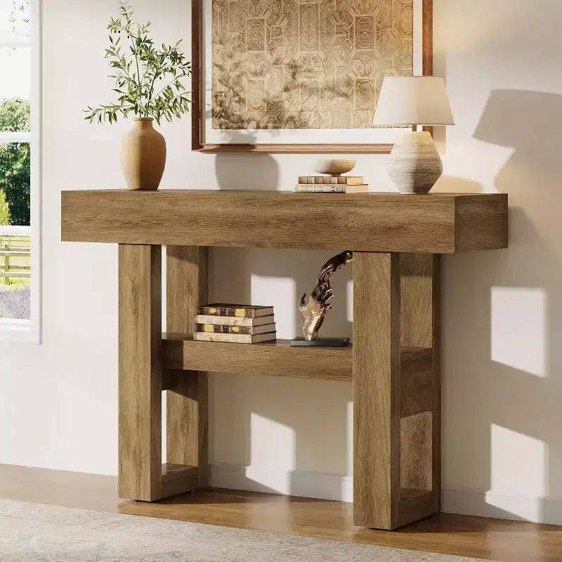 Lantine 41.34 Tavolo Consolle Rustico con 2 Ripiani Contenitori, Mobile Divano Stretto Marrone Chiaro per Foyer, Salotto, Ingresso, Corridoio.