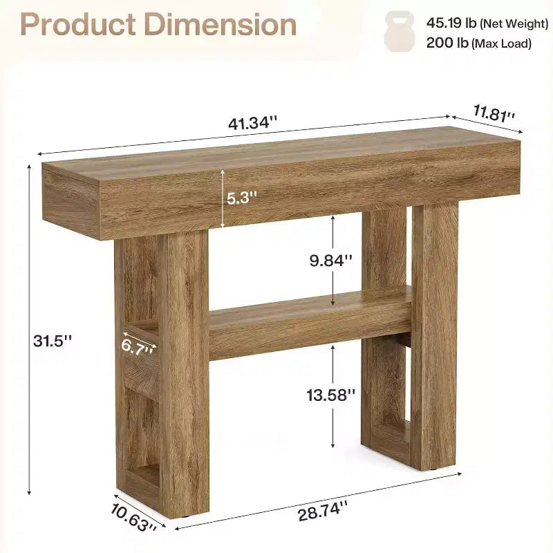 Lantine 41.34 Tavolo Consolle Rustico con 2 Ripiani Contenitori, Mobile Divano Stretto Marrone Chiaro per Foyer, Salotto, Ingresso, Corridoio.